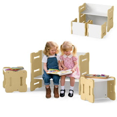Costway Ensemble Table et Chaises pour Enfants 3PCS Bureau avec 2 Tabourets et Table d'Activités Coins Arrondis Poignées Intégrées Naturel