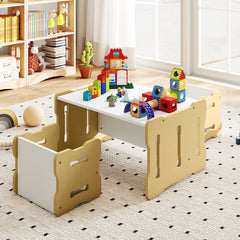 Costway Ensemble Table et Chaises pour Enfants 3PCS Bureau avec 2 Tabourets et Table d'Activités Coins Arrondis Poignées Intégrées Naturel