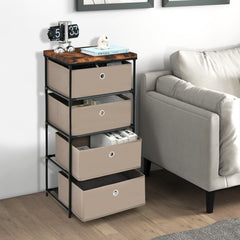Costway Commode 4 Tiroirs en Tissu Commode Chambre avec Cadre en Métal et Plateau Commode Haute pour Chambre Adulte/Enfant 42 x 33,5 x 84,5cm  Marron