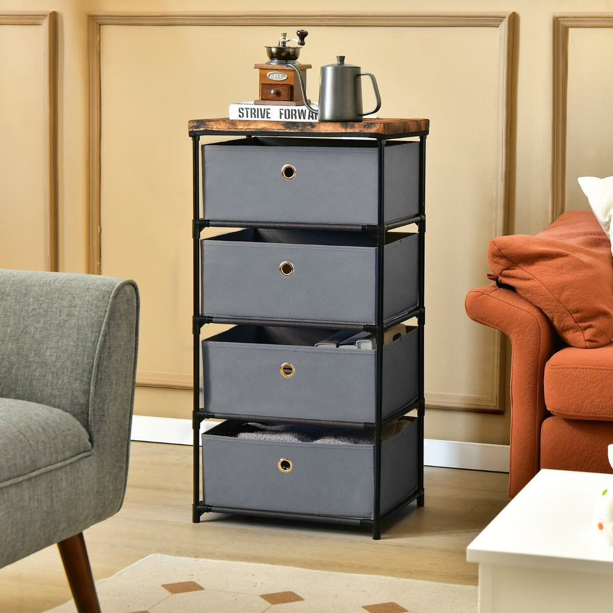Costway Commode 4 Tiroirs en Tissu Commode Chambre avec Cadre en Métal et Plateau Commode Haute pour Chambre Adulte/Enfant 42 x 33,5 x 84,5cm  Gris