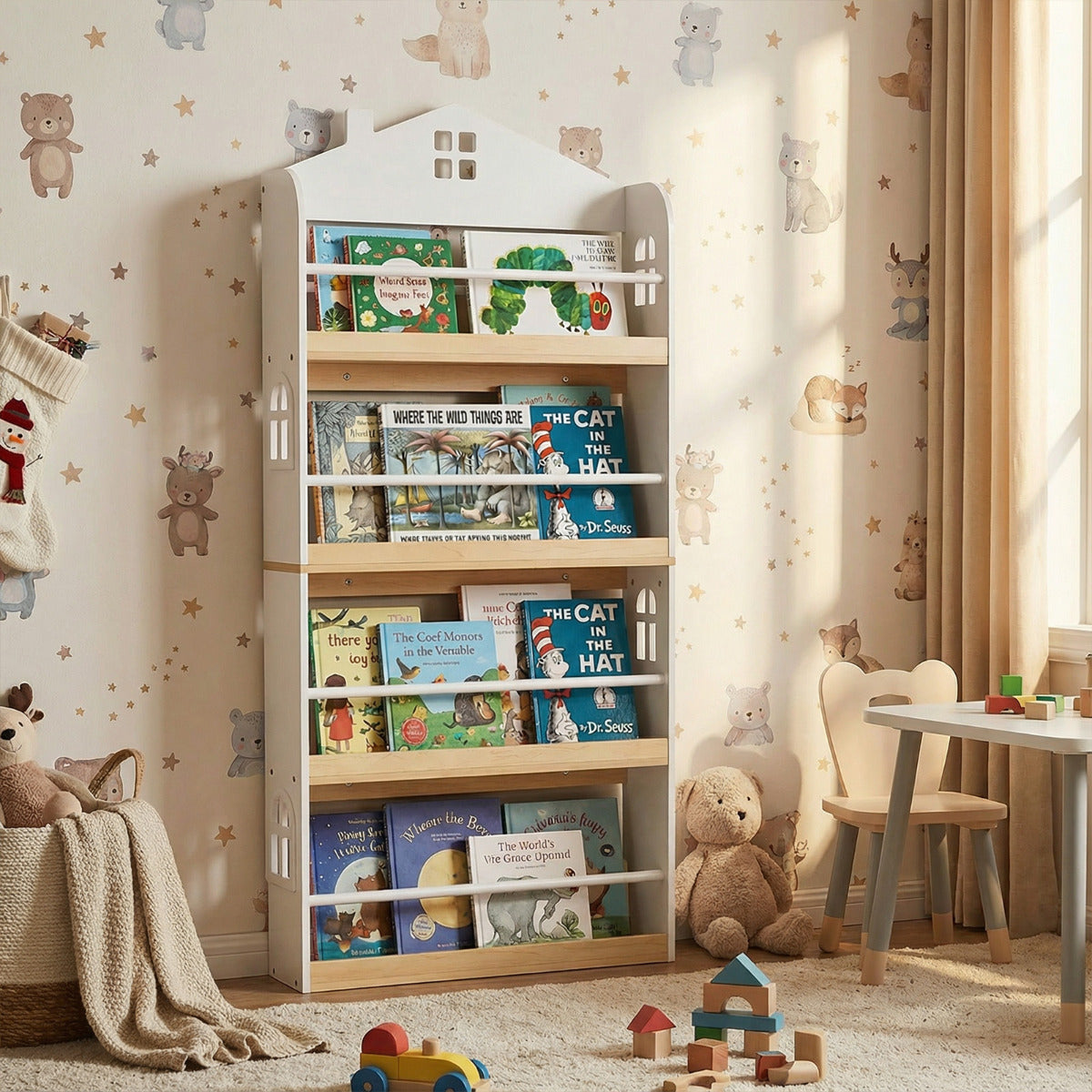 Costway Étagère pour Enfants en Forme de Maison Étagère en Bois à 4 Niveaux avec Barrières Anti-chute et Barres Métalliques Conception Blanc