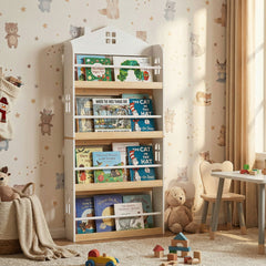 Costway Étagère pour Enfants en Forme de Maison Étagère en Bois à 4 Niveaux avec Barrières Anti-chute et Barres Métalliques Conception Blanc