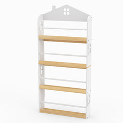 Costway Étagère pour Enfants en Forme de Maison Étagère en Bois à 4 Niveaux avec Barrières Anti-chute et Barres Métalliques Conception Blanc