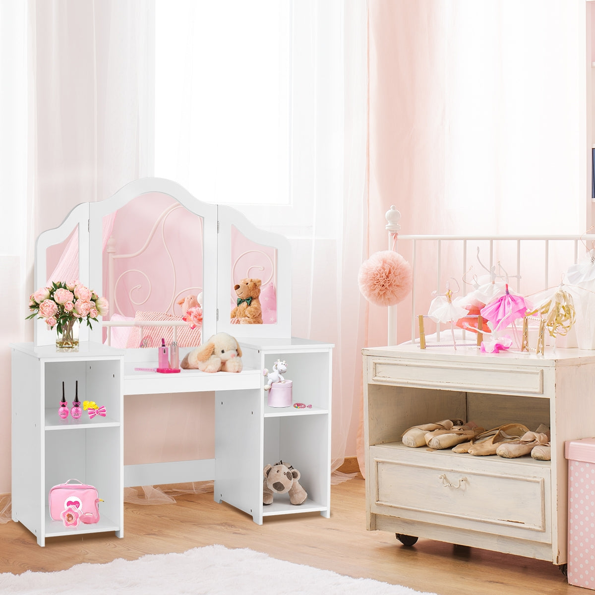 Costway 2 en 1 Coiffeuse pour Enfants avec Miroir Amovible Bureau Enfant avec 4 Étagères et 3 Panneau Pliables Blanc