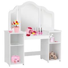 Costway 2 en 1 Coiffeuse pour Enfants avec Miroir Amovible Bureau Enfant avec 4 Étagères et 3 Panneau Pliables Blanc