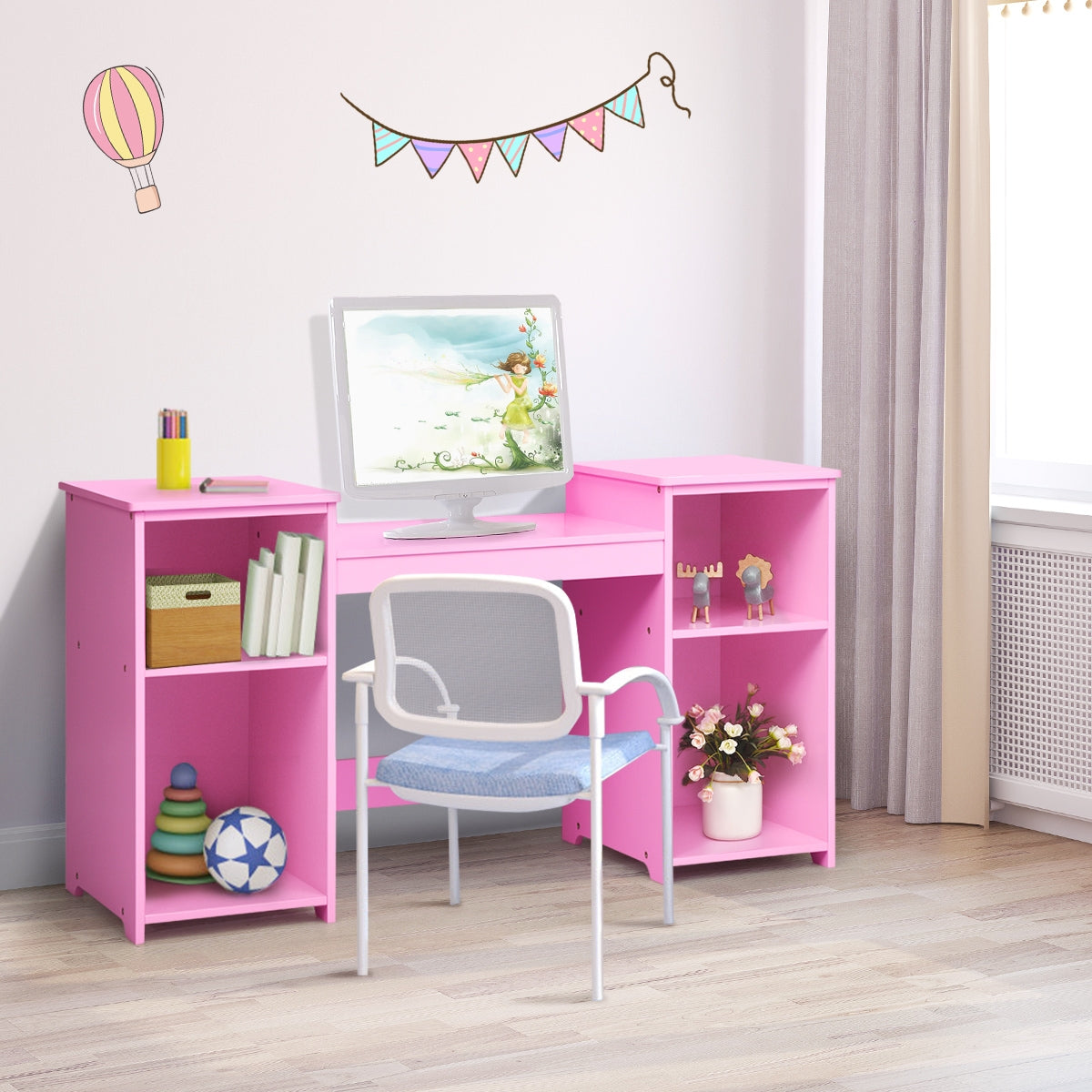 Costway 2 en 1 Coiffeuse pour Enfants avec Miroir Amovible Bureau Enfant avec 4 Étagères et 3 Panneau Pliables Rose