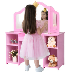 Costway 2 en 1 Coiffeuse pour Enfants avec Miroir Amovible Bureau Enfant avec 4 Étagères et 3 Panneau Pliables Rose