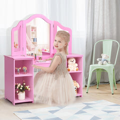 Costway 2 en 1 Coiffeuse pour Enfants avec Miroir Amovible Bureau Enfant avec 4 Étagères et 3 Panneau Pliables Rose