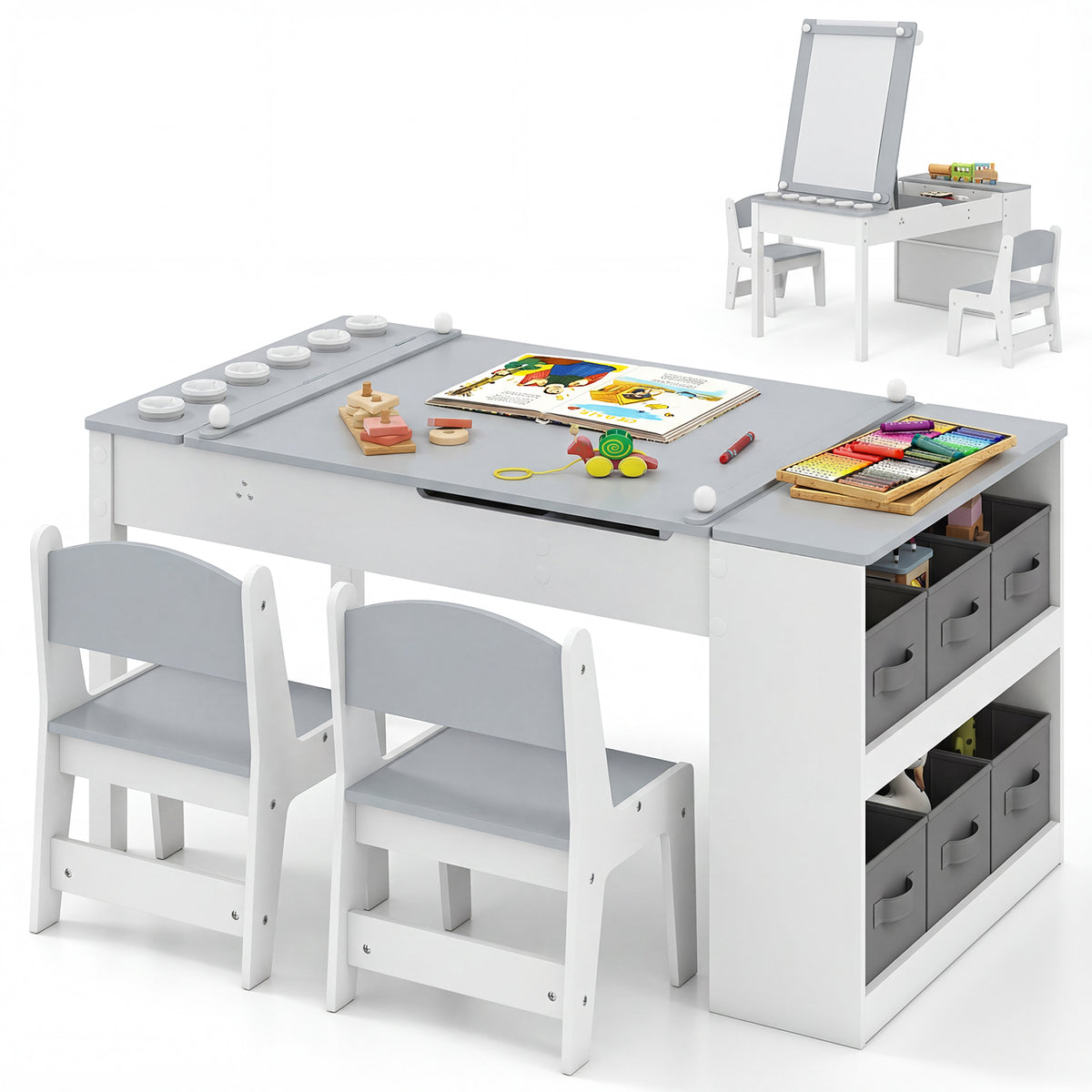 Costway Ensemble Table et Chaises Multifonctionnel pour Enfants Bureau D'activités avec Plateau Relevable Rouleau de Papier Gobelets à Peinture et 6 Bacs Blanc Gris