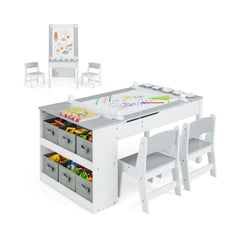 Costway Ensemble Table et Chaises Multifonctionnel pour Enfants Bureau D'activités avec Plateau Relevable Rouleau de Papier Gobelets à Peinture et 6 Bacs Blanc Gris