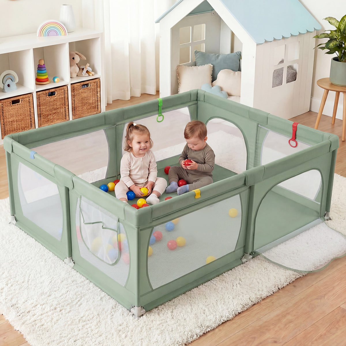Costway Parc pour Bébé Clôture pour Tout‑petits avec Sac de Rangement Ventouses Porte à Fermeture éclair 50 Balles 206×147×68,5cm Vert