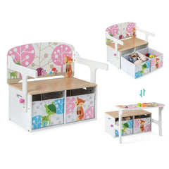 Costway Chaise Enfants Convertible à Ensemble Table et Banc avec Fonction de Rangement 2 Bacs en Tissu Amovibles Blanc