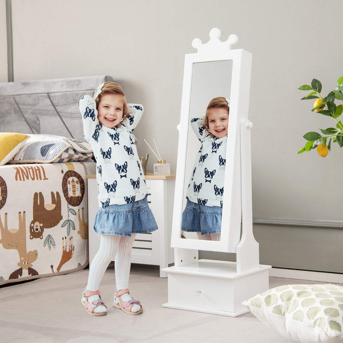 Costway 2 en 1 Armoire à Bijoux Enfants avec Miroir Organisateur à Bijoux en Forme Couronne avec 3 Tiroirs pour Enfants de 3 Ans+ Charge 10kg