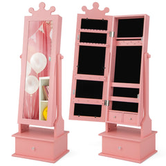 Costway 2 en 1 Armoire à Bijoux Enfants avec Miroir Organisateur à Bijoux en Forme Couronne avec 3 Tiroirs pour Enfants de 3 Ans+ Charge 10kg Rose