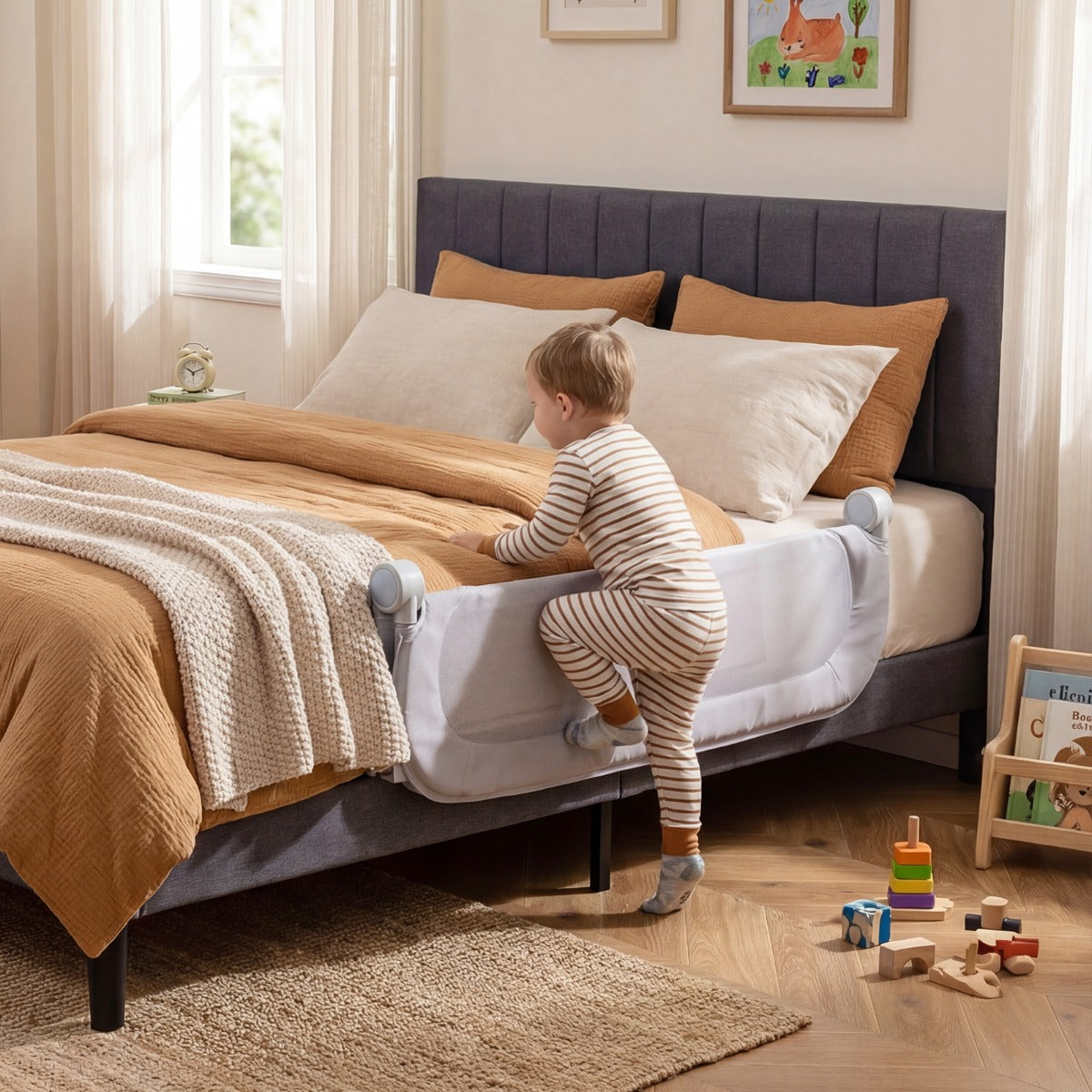 Costway Barrière de Lit Pliable pour Bébé Barrière de Lit Ajustable de 120 CM avec Housse Amovible en Tissu Oxford & Base en U Robuste Gris