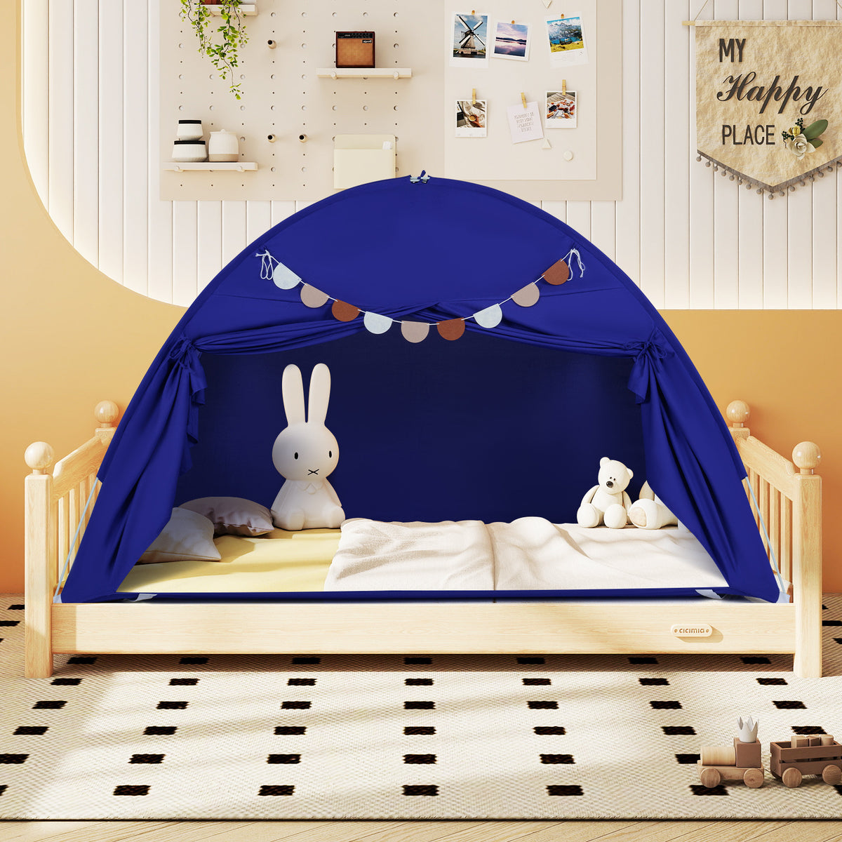 Costway Tente de Lit Double Jumeau pour Enfants Tente Pliante et Portable pour Lit Superposé Double avec 2 Fenêtres et Drapeaux pour 3+ Ans Bleu