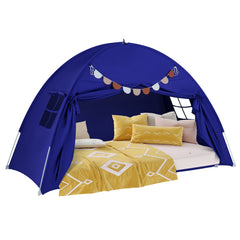 Costway Tente de Lit Double Jumeau pour Enfants Tente Pliante et Portable pour Lit Superposé Double avec 2 Fenêtres et Drapeaux pour 3+ Ans Bleu