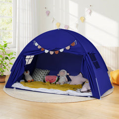Costway Tente de Lit Double Jumeau pour Enfants Tente Pliante et Portable pour Lit Superposé Double avec 2 Fenêtres et Drapeaux pour 3+ Ans Bleu