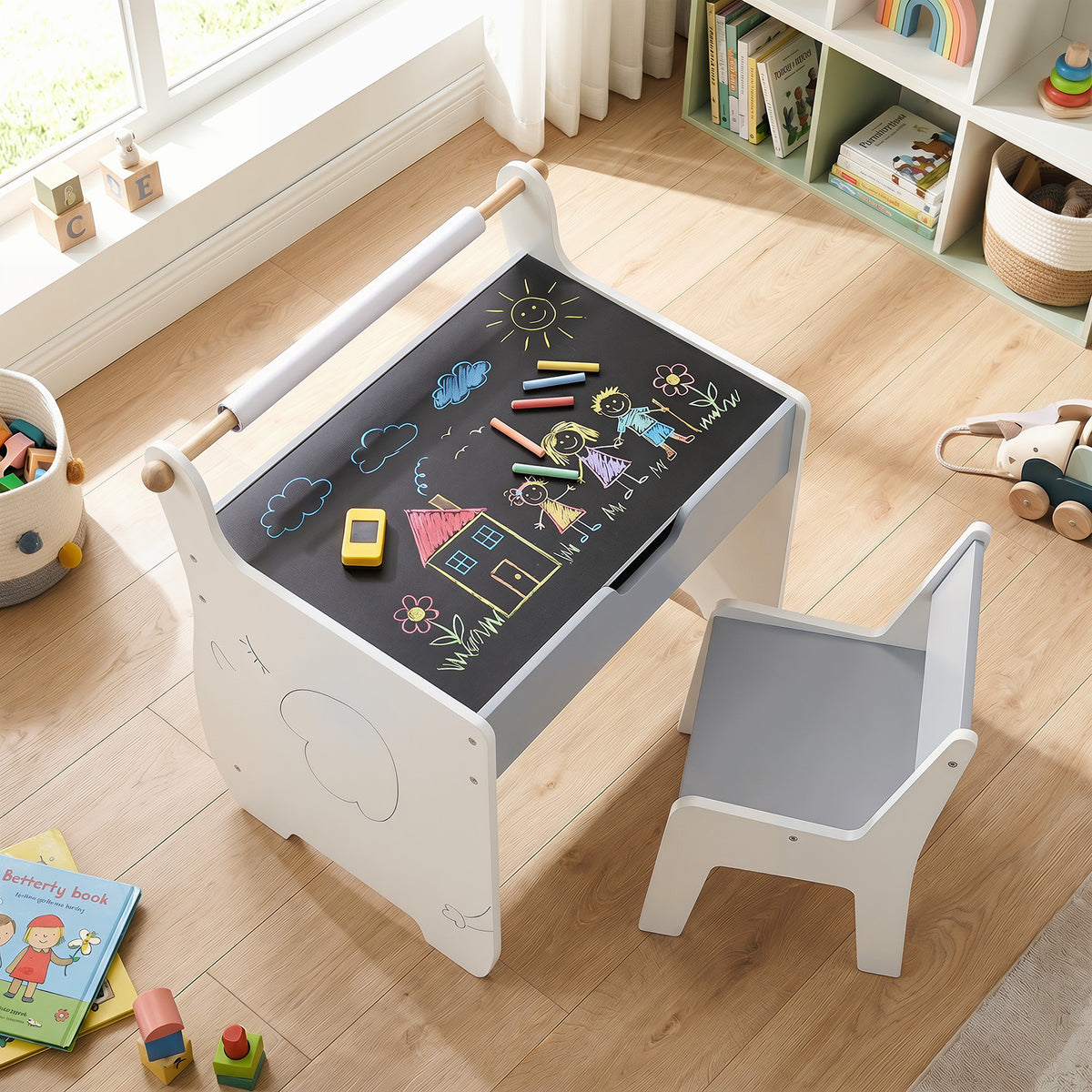 Costway Table et Chaise pour Enfants Bureau d'Activités en Bois pour Tout-petits Plateau Amovible 2 en 1 Rangement Porte-rouleau Blanc+Gris