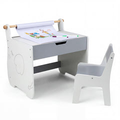 Costway Table et Chaise pour Enfants Bureau d'Activités en Bois pour Tout-petits Plateau Amovible 2 en 1 Rangement Porte-rouleau Blanc+Gris