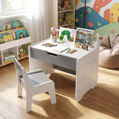 Costway Table et Chaise pour Enfants Bureau d'Activités en Bois pour Tout-petits Plateau Amovible 2 en 1 Rangement Porte-rouleau Blanc+Gris