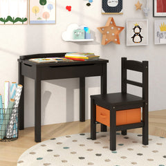 Costway Table et Chaises Enfants en Bois avec Plateau Rabattable Bureau Enfants avec Espace de Rangement Charge 70kg pour Enfants de 3 Ans+ Café