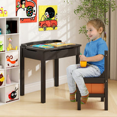 Costway Table et Chaises Enfants en Bois avec Plateau Rabattable Bureau Enfants avec Espace de Rangement Charge 70kg pour Enfants de 3 Ans+ Café