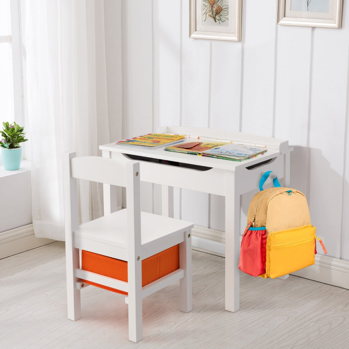 Costway Table et Chaises Enfants en Bois avec Plateau Rabattable Bureau Enfants avec Espace de Rangement Charge 70kg pour Enfants de 3 Ans+