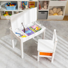 Costway Table et Chaises Enfants en Bois avec Plateau Rabattable Bureau Enfants avec Espace de Rangement Charge 70kg pour Enfants de 3 Ans+