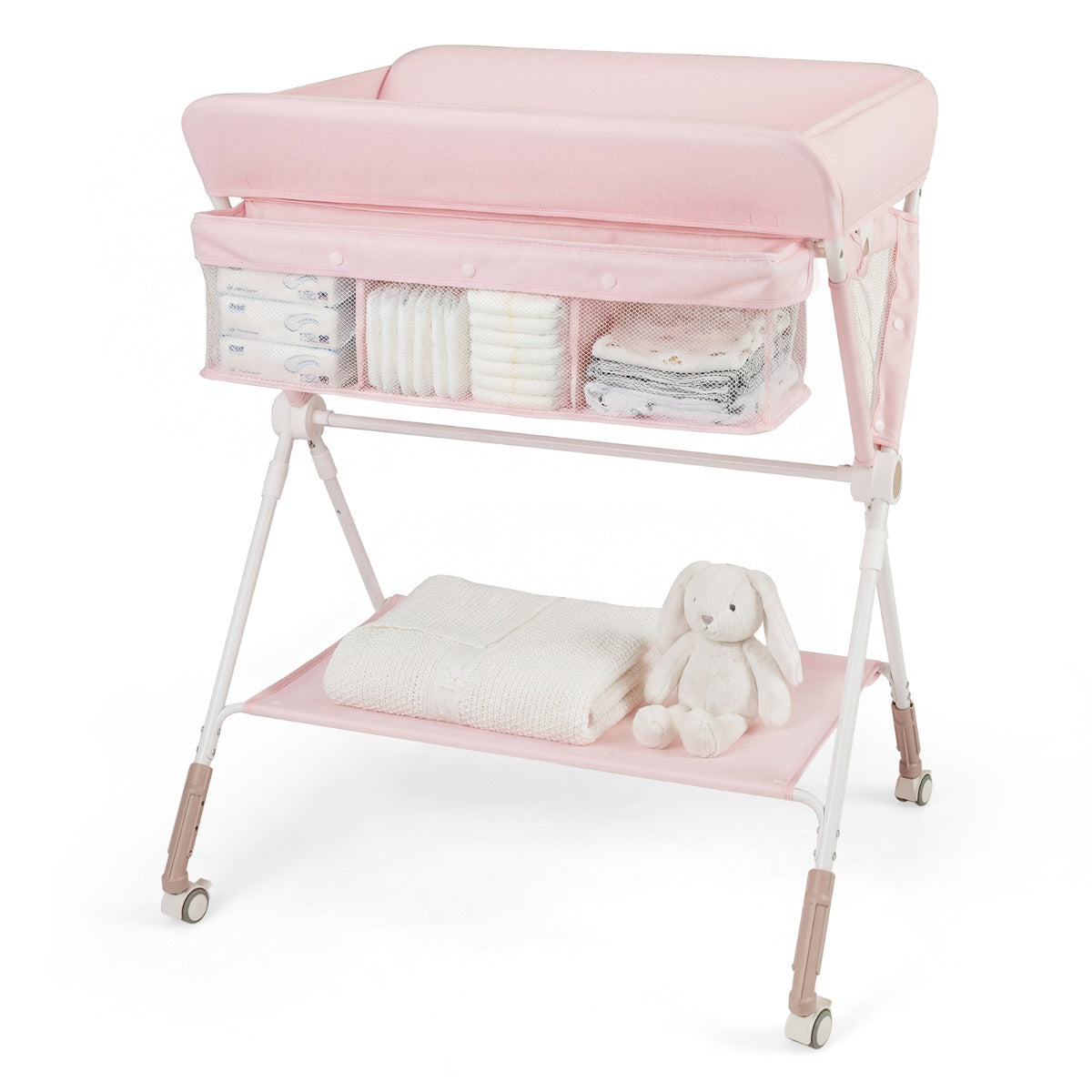 Costway Table à Langer Pliante pour Bébé Table à Langer Portable Réglable en Hauteur sur 7 Niveaux avec Roulettes Étagère et Panier Station Rose