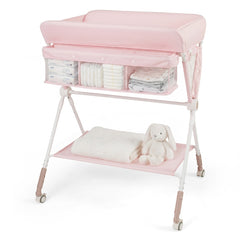 Costway Table à Langer Pliante pour Bébé Table à Langer Portable Réglable en Hauteur sur 7 Niveaux avec Roulettes Étagère et Panier Station Rose
