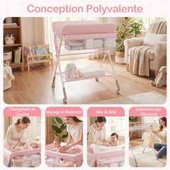 Costway Table à Langer Pliante pour Bébé Table à Langer Portable Réglable en Hauteur sur 7 Niveaux avec Roulettes Étagère et Panier Station Rose