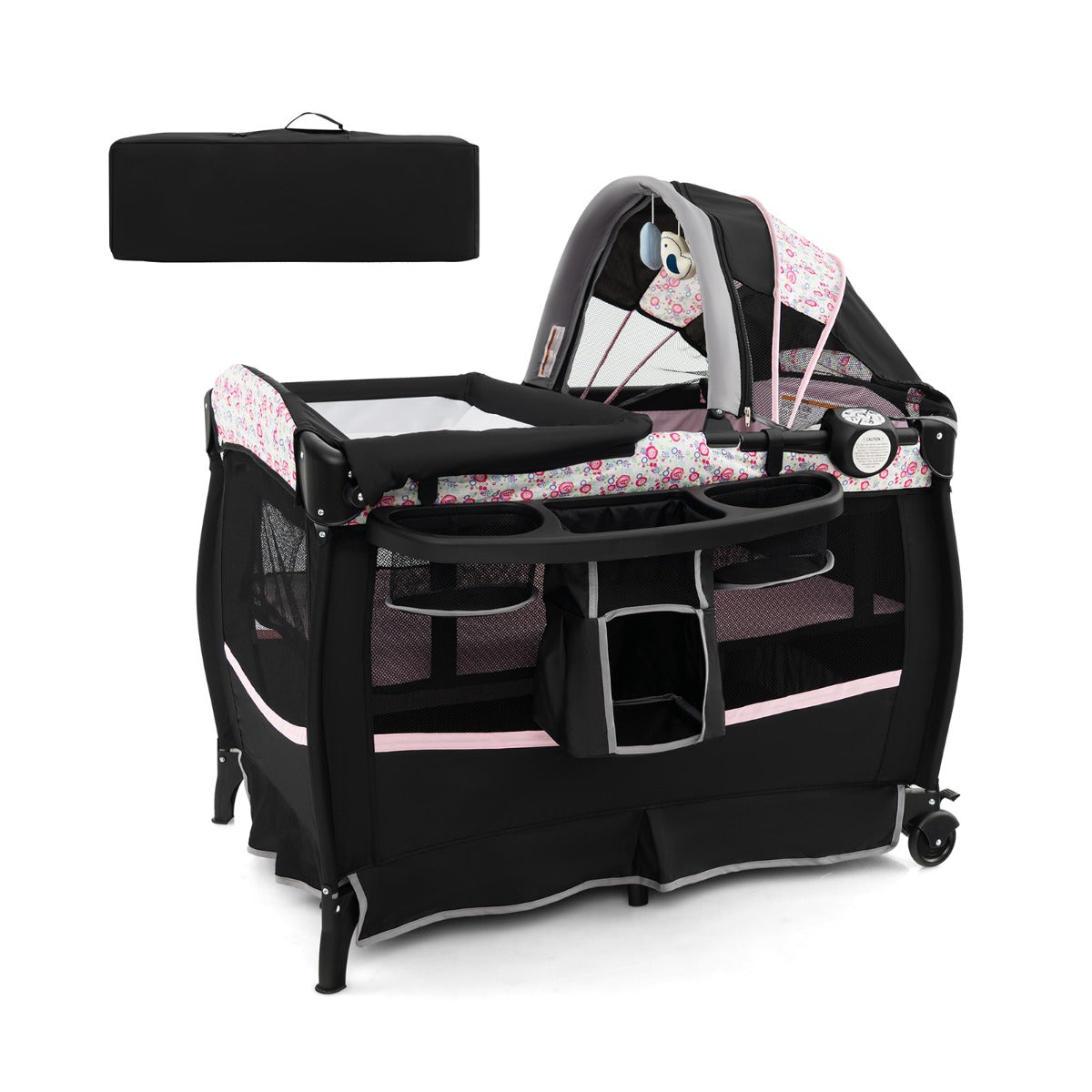 Costway Pack and Play Portable 4 en 1 Centre de Nurserie pour Bébé avec Berceau Matelas Table à Langer Boîte à Musique Toit Réglable Noir