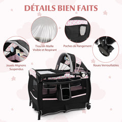 Costway Pack and Play Portable 4 en 1 Centre de Nurserie pour Bébé avec Berceau Matelas Table à Langer Boîte à Musique Toit Réglable Noir