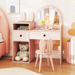 Costway Coiffeuse pour Enfants avec Lumières Table de Maquillage Princesse Lapin avec Miroir Lumineux Étagères Ouvertes & Tiroirs de Rangement Rose