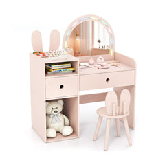 Costway Coiffeuse pour Enfants avec Lumières Table de Maquillage Princesse Lapin avec Miroir Lumineux Étagères Ouvertes & Tiroirs de Rangement Rose