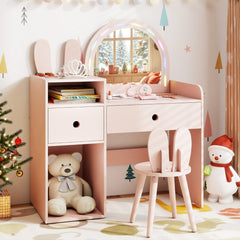 Costway Coiffeuse pour Enfants avec Lumières Table de Maquillage Princesse Lapin avec Miroir Lumineux Étagères Ouvertes & Tiroirs de Rangement Rose
