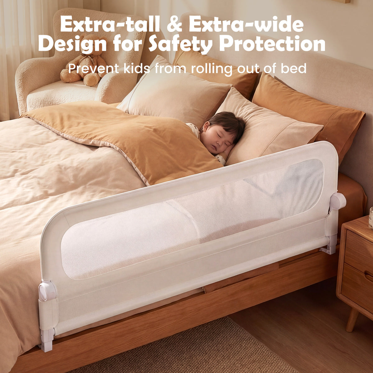 Costway Barrière de Lit Pliable pour Tout-Petits Barrière de Lit Bébé Ajustable de 178 CM avec Housse Amovible en Tissu Oxford Blanc