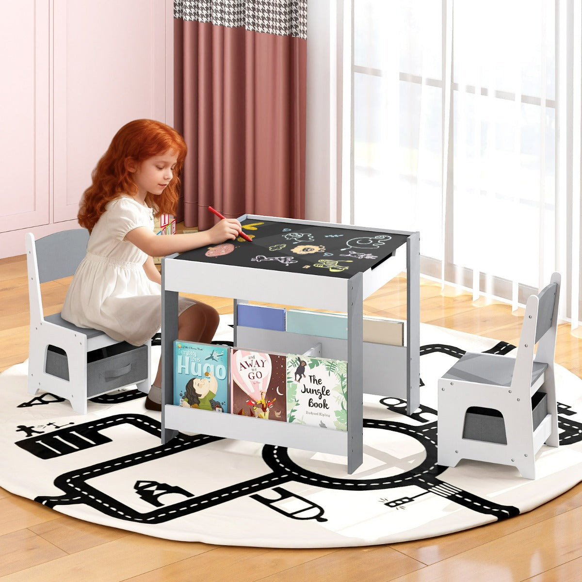 Costway Ensemble Table et Chaises pour Enfants Bureau d'Activités en Bois pour Tout-Petits avec Plateau Réversible Bibliothèques & Tiroirs Gris