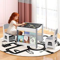 Costway Ensemble Table et Chaises pour Enfants Bureau d'Activités en Bois pour Tout-Petits avec Plateau Réversible Bibliothèques & Tiroirs Gris