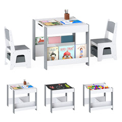 Costway Ensemble Table et Chaises pour Enfants Bureau d'Activités en Bois pour Tout-Petits avec Plateau Réversible Bibliothèques & Tiroirs Gris