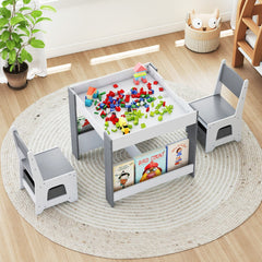 Costway Ensemble Table et Chaises pour Enfants Bureau d'Activités en Bois pour Tout-Petits avec Plateau Réversible Bibliothèques & Tiroirs Gris