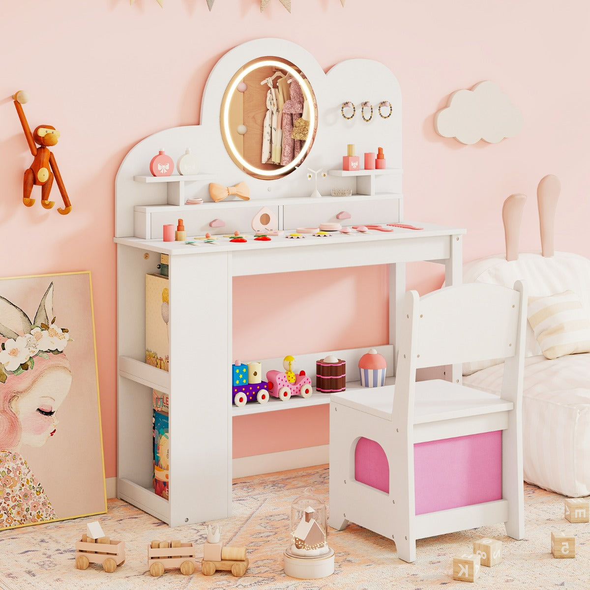 Costway Coiffeuse Princesse pour Enfants avec Lumières avec 2 Tiroirs Bibliothèque à 2 Niveaux 3 Crochets et 2 Étagères Ouvertes pour 3+ Ans Blanc