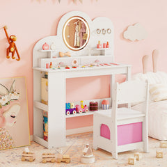 Costway Coiffeuse Princesse pour Enfants avec Lumières avec 2 Tiroirs Bibliothèque à 2 Niveaux 3 Crochets et 2 Étagères Ouvertes pour 3+ Ans Blanc