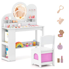 Costway Coiffeuse Princesse pour Enfants avec Lumières avec 2 Tiroirs Bibliothèque à 2 Niveaux 3 Crochets et 2 Étagères Ouvertes pour 3+ Ans Blanc