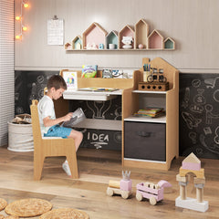 Costway Ensemble Bureau et Chaise pour Enfants Table d'étude pour Enfants avec Etagères Ouvertes Tiroir et Bac de Rangement en Tissu Naturel