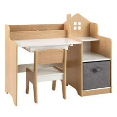 Costway Ensemble Bureau et Chaise pour Enfants Table d'étude pour Enfants avec Etagères Ouvertes Tiroir et Bac de Rangement en Tissu Naturel