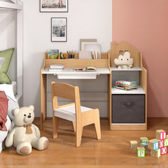 Costway Ensemble Bureau et Chaise pour Enfants Table d'étude pour Enfants avec Etagères Ouvertes Tiroir et Bac de Rangement en Tissu Naturel