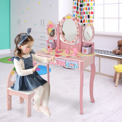 Costway Coiffeuse 2 en 1 Bureau pour Enfants avec Miroir Amovible 3 Tiroirs 2 Boîtes de Style Princesse pour Filles Rose