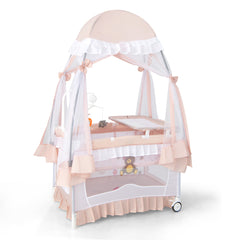 Costway 4 en 1 Lit Parapluie Bébé avec Matelas et Filet Détachable Lit Bébé Evolutif avec Table à Langer Boîte à Musique pour 0-3 Ans Rose